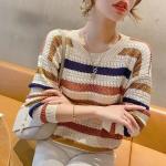 Spring Summer New Hollow Color Striped Knitted Top Women's Loose Fit Cropped Bat Top Thin Cover Ups Crew Neck Pullovers