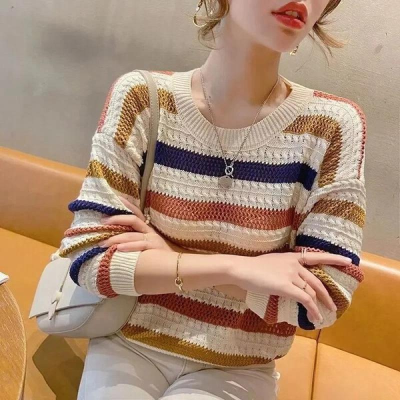 Spring Summer New Hollow Color Striped Knitted Top Women's Loose Fit Cropped Bat Top Thin Cover Ups Crew Neck Pullovers