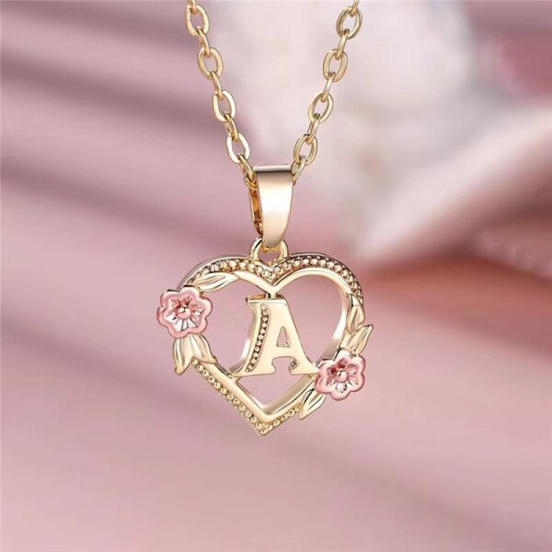 A-Z Letter Flower Pendant Necklace Yellow Gold Color Wedding Jewelry Gift For Women.