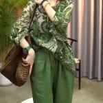Summer New Retro Style Print Pullover Tops Women's Clothing Round Neck Lacing Loose-fitting Green Long Sleeve T-Shirt