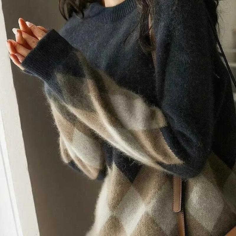 Women's Sweater Red Plaid Knit Tops for Woman Graphic Round O Neck Pullovers Jumper Winter Thermal Blouse Korean Style Clothes.