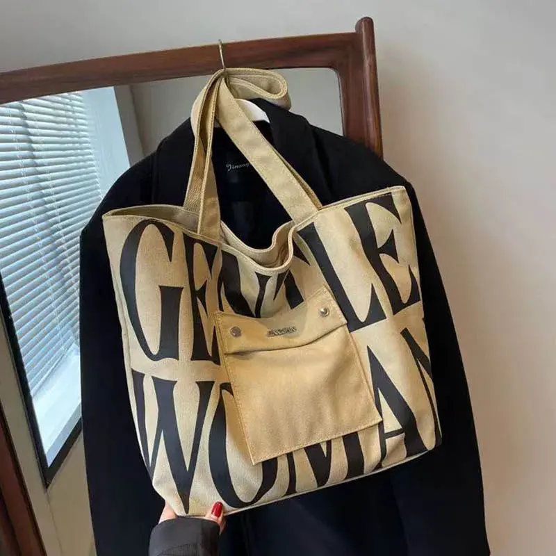 New Large capacity Single Shoulder Canvas Bag Stylish Letter Style Student Install books Handbag for Class, Fashion Shopping Bag.