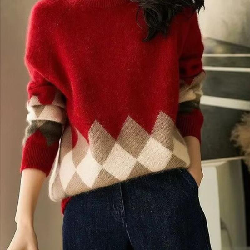 Women's Sweater Red Plaid Knit Tops for Woman Graphic Round O Neck Pullovers Jumper Winter Thermal Blouse Korean Style Clothes.