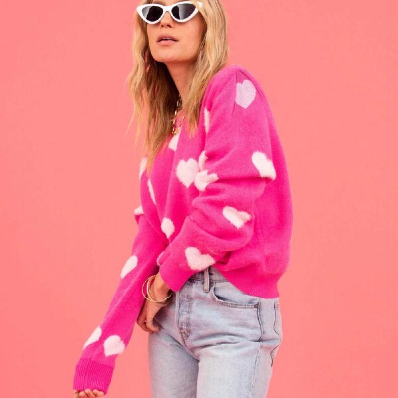Women's Hot Pink Oversized Knit Sweater Heart Pattern Crew Neck Long Sleeve Casual Pullover Fuzzy Heart Pattern Sweater.