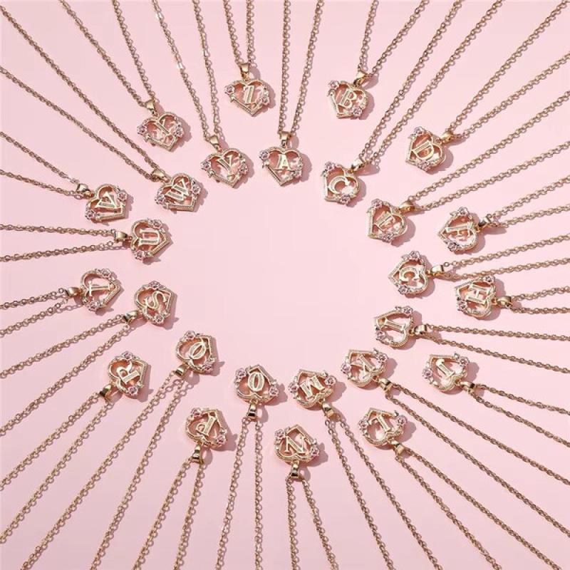 A-Z Letter Flower Pendant Necklace Yellow Gold Color Wedding Jewelry Gift For Women.